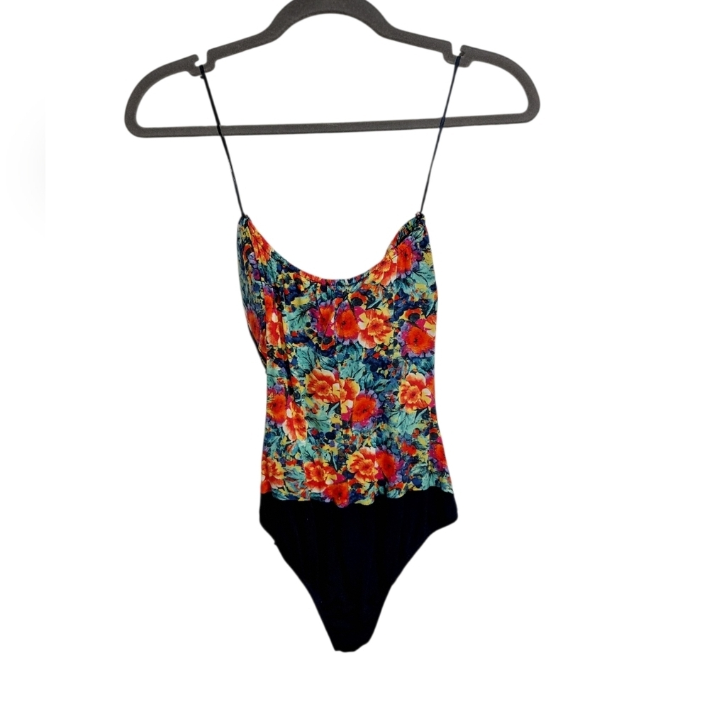 Bershka Floral Spaghetti-Strap Bodysuit - Orange, Teal, Black